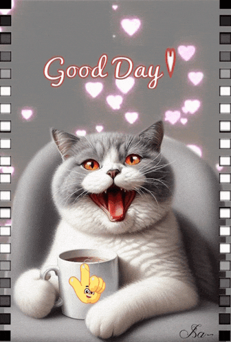 a cat with its mouth open is holding a cup of coffee with the words good day written above it