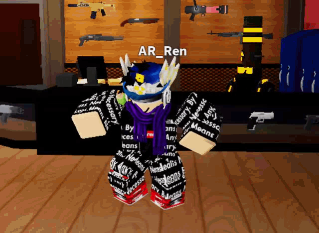 a cartoon character named ar_ren stands in front of a wall of guns