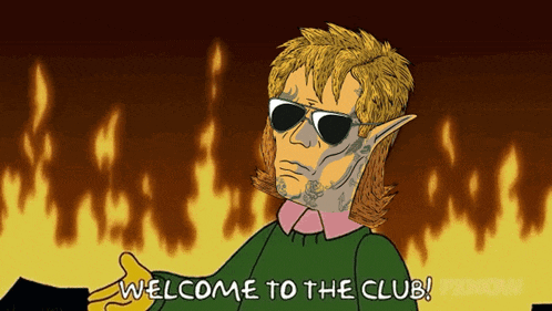a cartoon character says welcome to the club in front of a fire