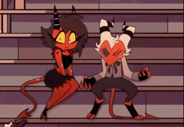 a couple of cartoon characters sitting on a staircase