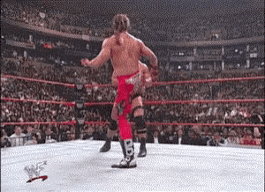 two wrestlers in a wrestling ring one of whom is wearing red pants with the letter b on them