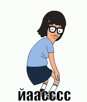 a cartoon character from bob 's burgers is squatting down with her legs crossed and wearing glasses .