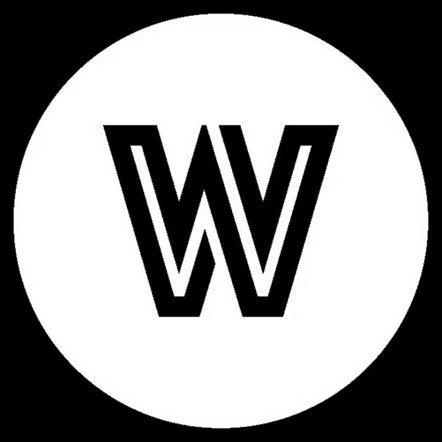 a black letter w is in a white circle on a black background .