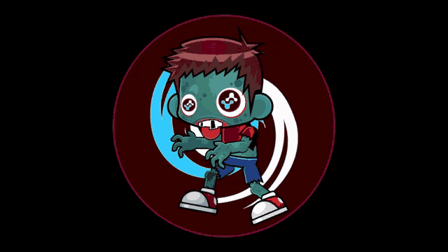 a cartoon illustration of a zombie with buttons in his eyes
