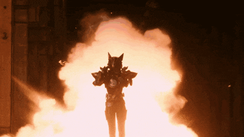 a person standing in front of a large fire