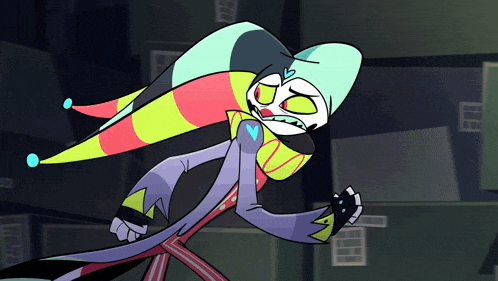 a cartoon character is wearing a colorful hat and a scarf