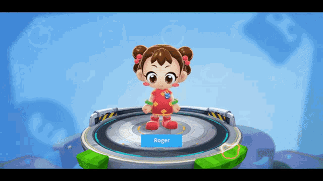 a cartoon character named roger is standing on a circular platform