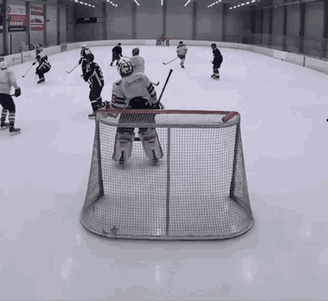 a hockey game is being played on a rink and the goalie is wearing a jersey that says ' american ' on it