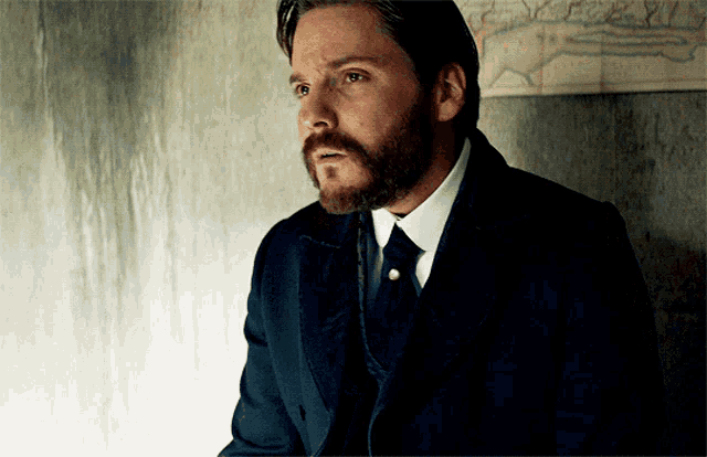 a man with a beard wearing a suit and tie looks to the side