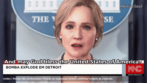 a woman says " and may god bless the united states of america " in front of a sign that says the white house