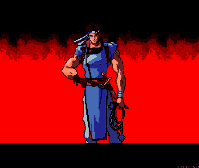 a pixel art of a man with blue eyes and a headband