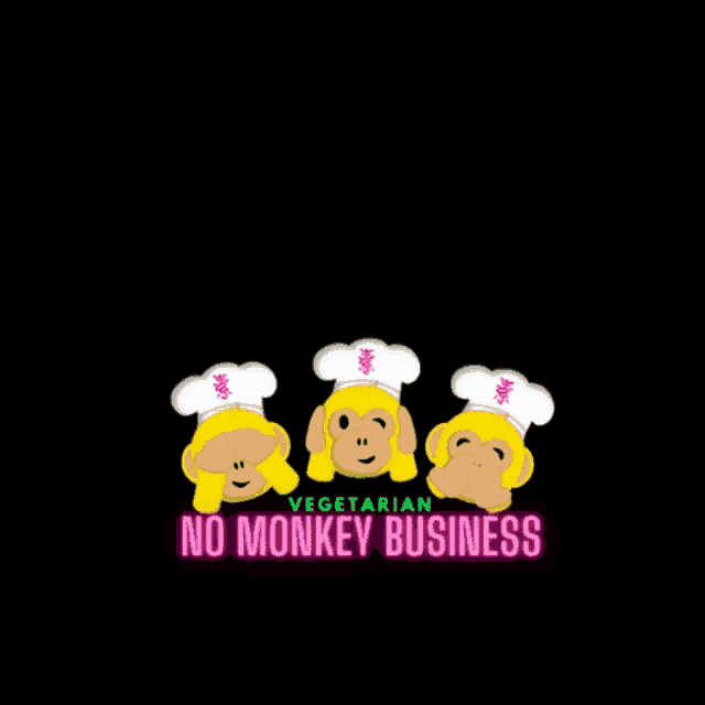 a neon sign that says " thank you " with three monkeys in chef hats