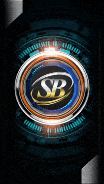a sb logo is displayed on a futuristic screen