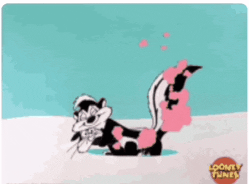 a cartoon of a skunk with pink bubbles coming out of it 's tail .