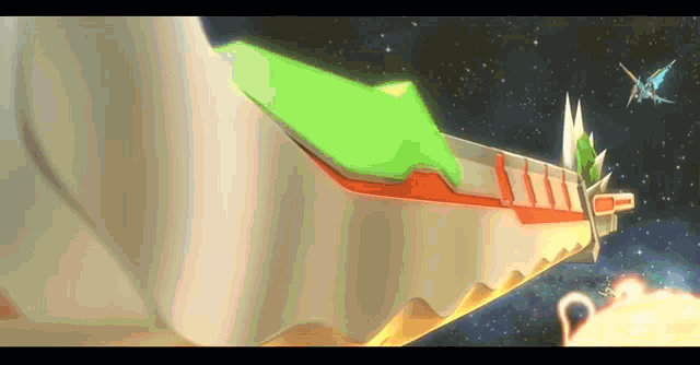 a cartoon of a space ship with a green arrow pointing to it