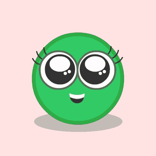 a green ball with big eyes and a smile on its face