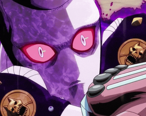 a close up of a cartoon character 's face with red eyes and skulls
