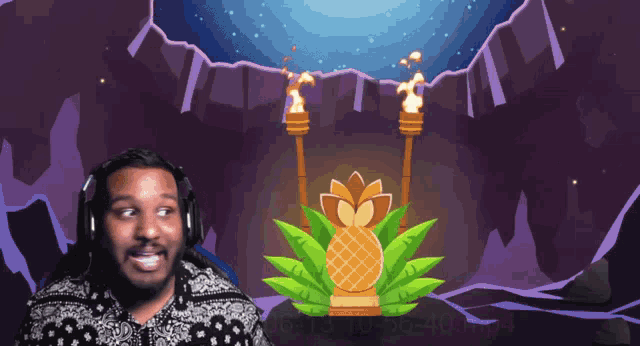 a man wearing headphones stands in front of a pineapple and a torch