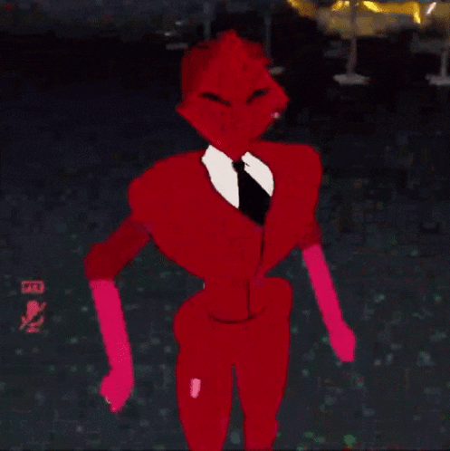 a red cartoon character with pink gloves and a white shirt