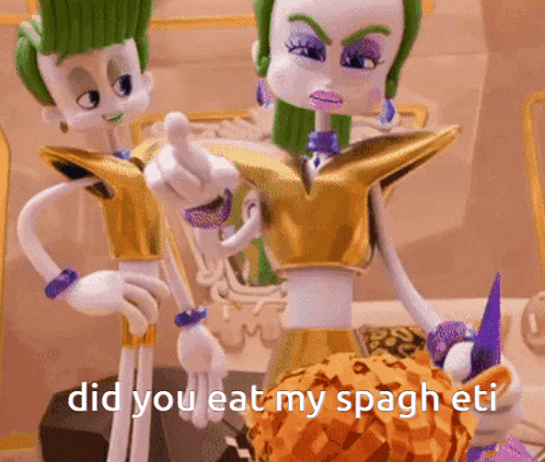 two cartoon characters are standing next to each other and one of them says " did you eat my spaghetti "