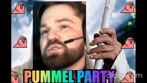 a man with a beard is wearing a headset and the words pummel party are on the screen