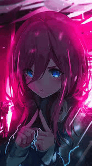 a girl with long pink hair and blue eyes is giving a thumbs up .