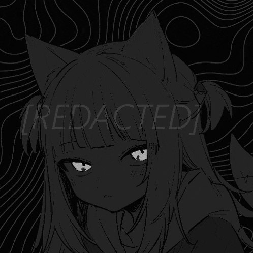 a black and white drawing of a girl with cat ears and the words " redacted " in the corner