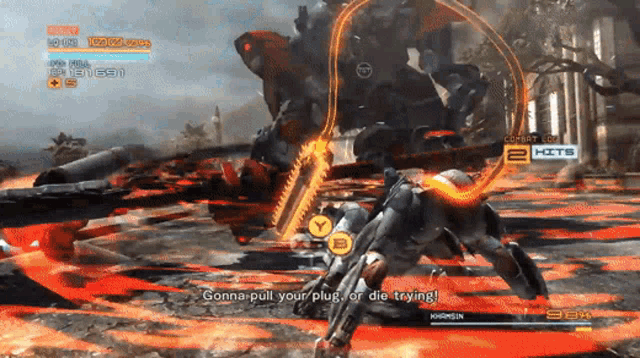 a video game screen says gonna pull your plug or die trying in orange letters