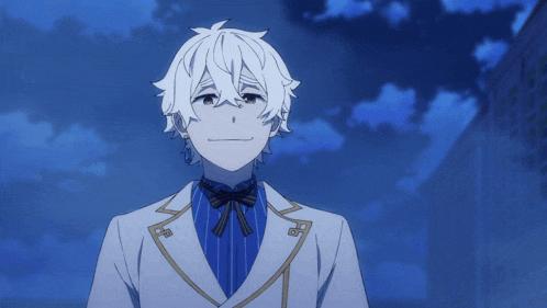 a cartoon character with white hair and a blue shirt is smiling