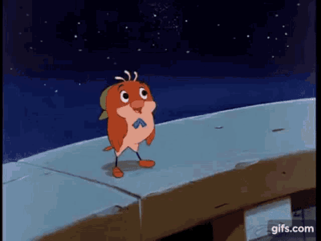 a cartoon bird is standing on a ledge with a blue sky in the background ..