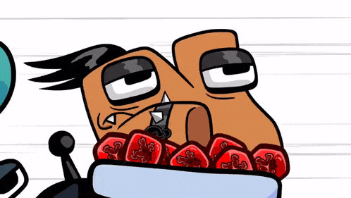 a cartoon drawing of a person eating a bowl of gummy bears