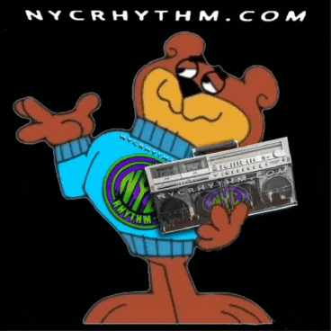 a cartoon bear holding a boombox with nyc rhythm.com written on it