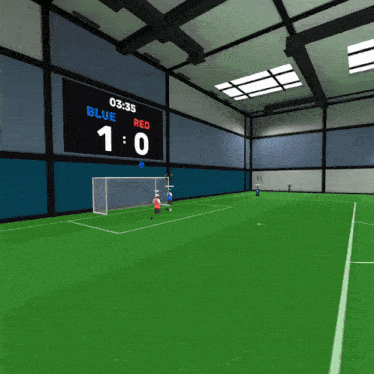 a soccer game is being played in a stadium and the scoreboard reads blue red 1-0