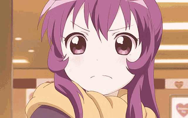 a girl with purple hair and a scarf around her neck