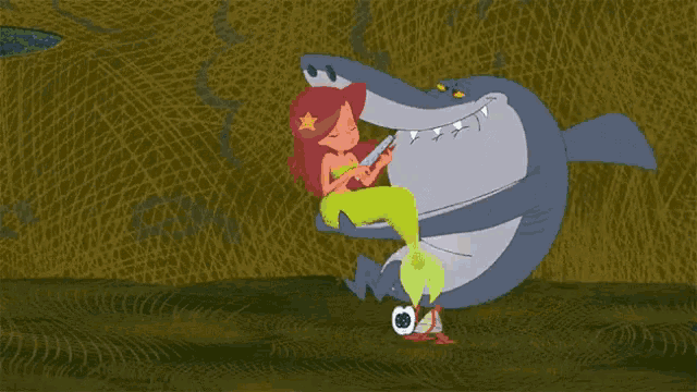 a cartoon drawing of a mermaid sitting on a shark