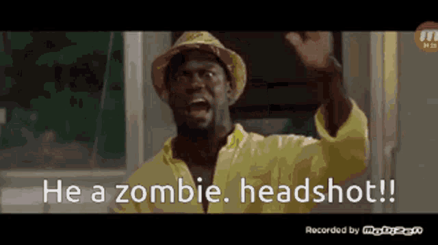 a man wearing a straw hat says he a zombie headshot