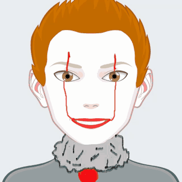 a cartoon drawing of a clown with red eyes and a red tie