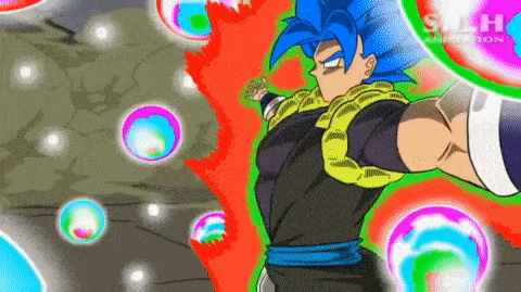 a cartoon of a man with blue hair and a snake around his neck surrounded by colorful bubbles .