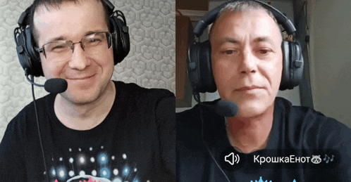 two men wearing headphones and a shirt that says kroshkatehot