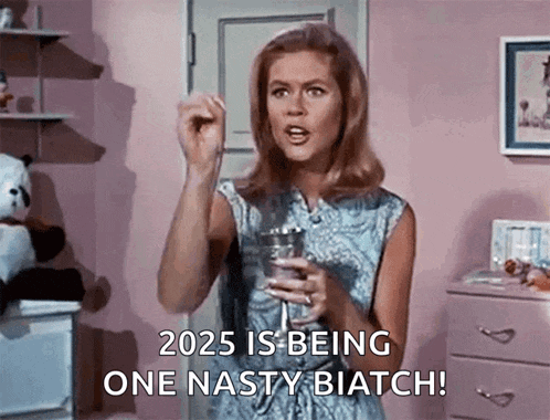 a woman is holding a glass of water and saying 2025 is being one nasty biatch .