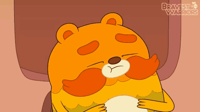a cartoon bear with an orange mustache is laying down with the words bravest warriors above it