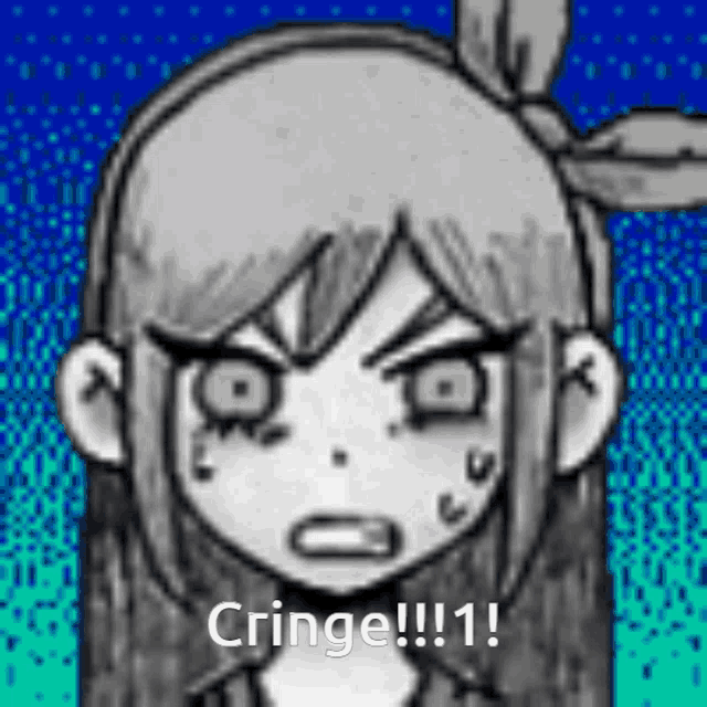 a black and white drawing of a girl with a bow in her hair and the words `` cringe !!! '' written below her .