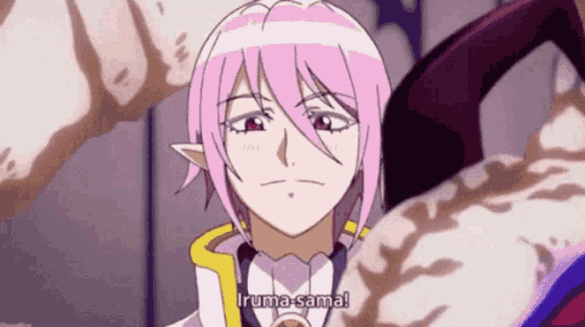 a girl with pink hair and red eyes says irumasamal