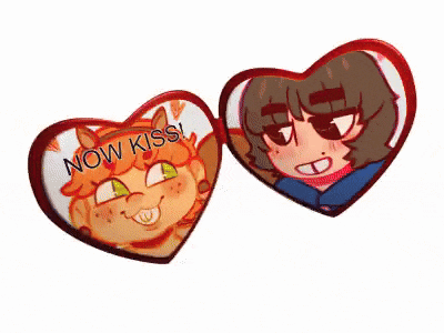two heart shaped buttons with cartoon characters on them and the words now kiss
