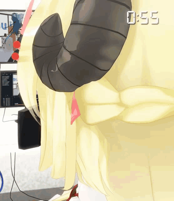 a cartoon character with horns and a clock that says 1:55