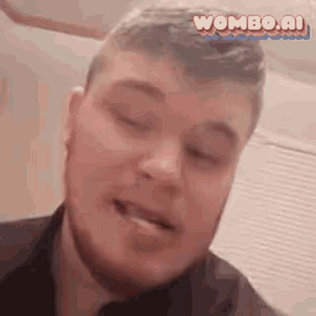 a man with a beard is making a funny face with his eyes closed and a wombo.ai logo behind him .