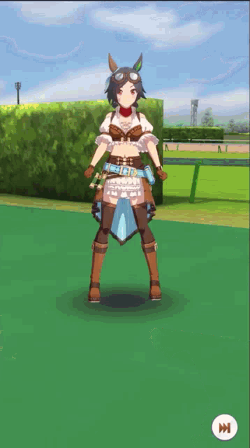 a cartoon character is standing on a green field with a white arrow pointing to the left