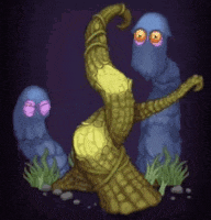 a cartoon drawing of three monsters standing next to each other in the grass .