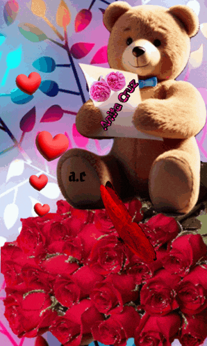 a teddy bear is holding a piece of paper with the name a.c. on it