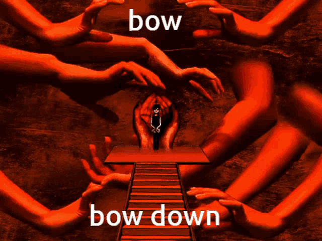 the word bow is on a poster with many hands reaching out